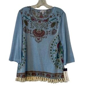 NWT Rebecca Malone Baby Blue Floral Paisley Boho Blouse Medium